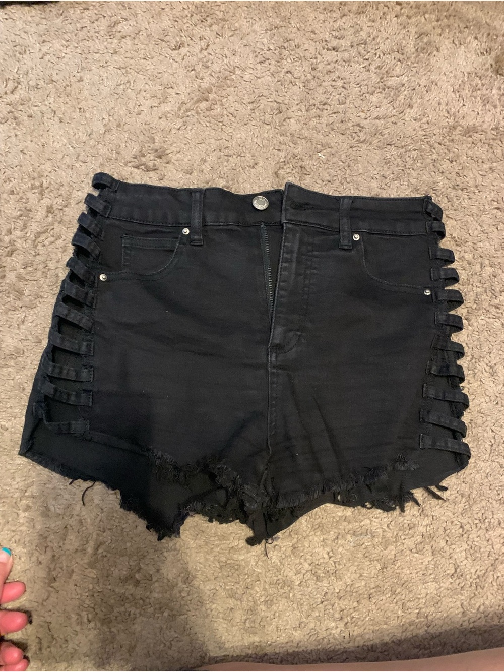 Black High-Rise Side-Lattice Denim Shorts